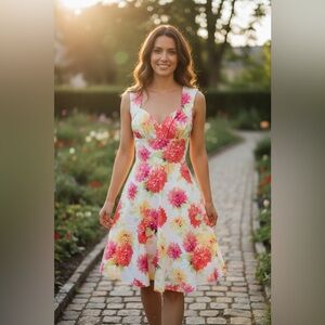 Bernie Dexter Midi Dress with Pink & Yellow Dahlia Floral Print Size 0